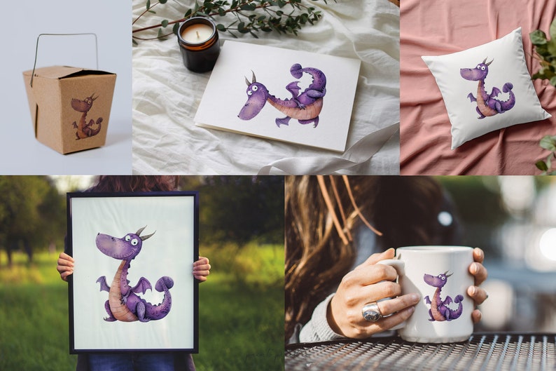 May include: A set of purple dragon illustrations on various products, including a mug, pillow, tote bag, and framed print. The dragon is cartoonish and has a friendly expression.