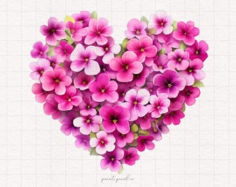 2 Pink Floral Hearts PNG Pink Flowers Heart Clipart Valentine Watercolor Heart Sublimation Paper Crafting Junk Journal Kit Printable Holiday