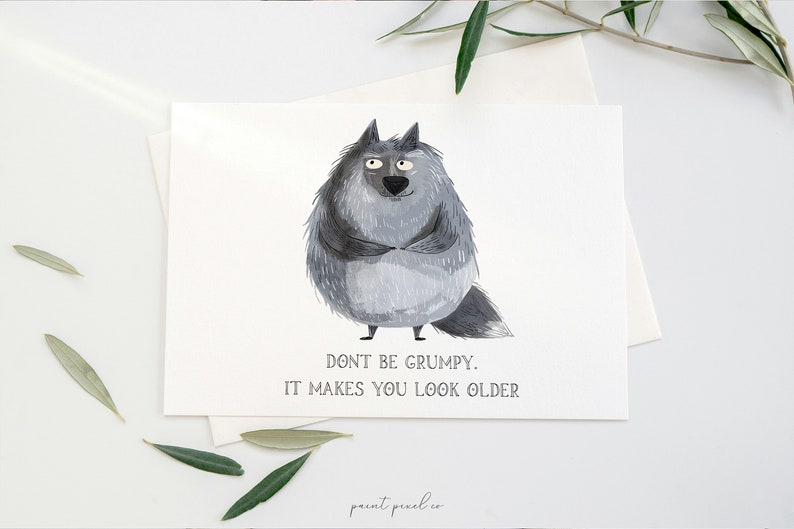 Puede incluir: Una tarjeta blanca con la ilustraci&oacute;n de un lobo gris con una expresi&oacute;n de enfado. El texto dice "No seas gru&ntilde;&oacute;n. Te hace parecer mayor."