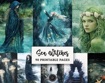 Sea Witch Junk Journal Pages - Vintage Spooky Ocean Printable - Dark Underwater Mermaid Scrapbook Ephemera  - Witch Digital Backgrounds JPG