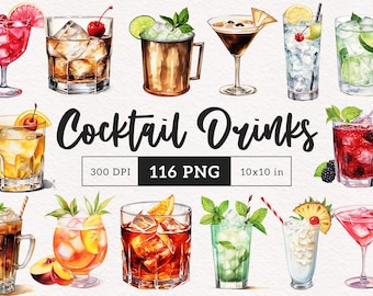 Cocktail Clipart Watercolor Champagne PNG Wedding Cocktail Alcohol Wine Martini Whiskey Bar Menu Paper Crafting Junk Journal Printable