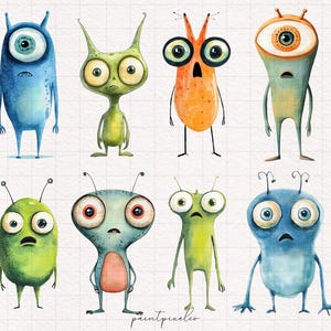 Puede incluir: Ilustraci&oacute;n de acuarela de ocho monstruos de dibujos animados con diferentes colores, formas y expresiones. Los monstruos tienen ojos grandes, antenas y algunos tienen bocas.