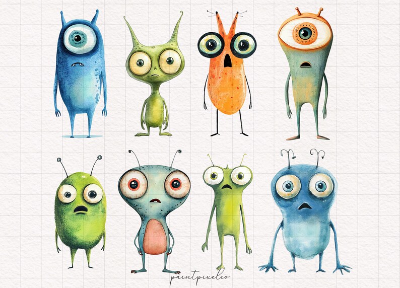 Puede incluir: Ilustraci&oacute;n de acuarela de ocho monstruos de dibujos animados con diferentes colores, formas y expresiones. Los monstruos tienen ojos grandes, antenas y algunos tienen bocas.