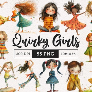 Skurrile Mädchen Clipart Skurrile Mädchen PNG Lustige tanzende Dame Whimsy Menschen Sublimation Längliche Cartoon-Mädchen-Illustration Lustige Yoga-Frauen