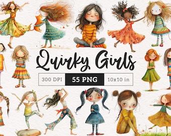 Skurrile Mädchen Clipart Skurrile Mädchen PNG Lustige tanzende Dame Whimsy Menschen Sublimation Längliche Cartoon-Mädchen-Illustration Lustige Yoga-Frauen