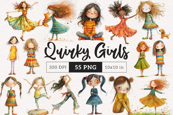 Quirky Girls clipart Whimsical Girl PNG Funny Dancing lady Whimsy people Sublimination Elongated cartoon girl illustration Funny Yoga women