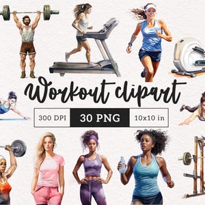 Clipart d'entraînement aquarelle exercice PNG Hustle Marathon course Fitness personnes artisanat salle de sport cardio force femmes fabrication de cartes Utilisation commerciale