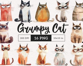 Grumpy Cat clipart PNG Whimsical Cats Angry Kitten Sublimation clip art Quirky Animal Whimsy graphics Sarcastic illustrations Cat lover gift