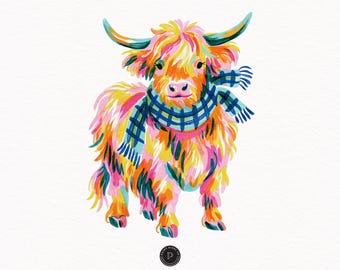 Preppy Highland Cow PNG, Funny Cow Brushstroke Design, Watercolor Highland Cow with scarf, Gouache Farm Animal, Commercial Use