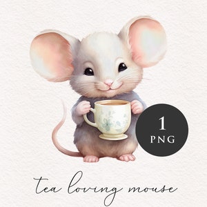 Mouse drinking tea PNG clipart vintage animal Clip art nursery adorable rodent graphics woodland PNGs Sublimation Card making Journaling