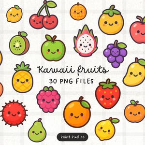 May include: A selection of kawaii fruit illustrations, including a coconut, lemon, cherries, orange, apple, dragon fruit, grapes, strawberry, mango, and plum. The text "Kawaii fruits" and "30 PNG FILES" are also present.