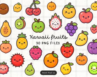 Kawaii Frukter Clipart - Söta akvarellfrukter PNG-bilder (Kommersiellt bruk) (Digital nedladdning)