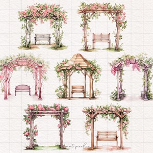 7 Aquarell Laube Clipart Magischer Blumengarten PNG Niedlich Park Märchen Kinderbücher Illustration Rosa Garten Gazebo Grotte mit Blumen