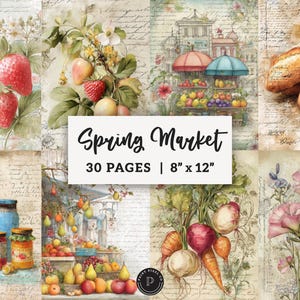 May include: A collage of watercolor illustrations with a spring market theme. Images include strawberries, fruit stands, baguettes, jars of preserves, and vegetables. The text "Spring Market" is displayed, along with "30 pages | 8" x 12".