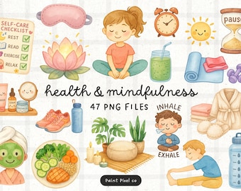 Health and Mindfulness Clipart Bundle - Wellness Elements PNG images (Commercial Use) (Digital Download)