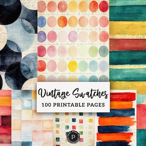 Peut inclure: Une collection de papiers numériques de style vintage avec divers motifs. L'image présente des échantillons de cercles colorés, de rayures à l'aquarelle et de motifs abstraits. Le texte "Vintage Swatches" et "100 Printable Pages" est affiché sur un rectangle blanc.