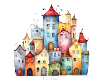 May include: Watercolor painting of a whimsical village with colorful houses, red roofs, and intricate details. The houses are arranged in a cluster, creating a charming and playful scene.