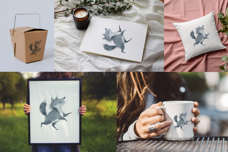 Puede incluir: Un conjunto de productos con una ilustraci&oacute;n de acuarela de un lobo gris bailando. Los productos incluyen una taza, una almohada, una bolsa de mano y una impresi&oacute;n enmarcada.