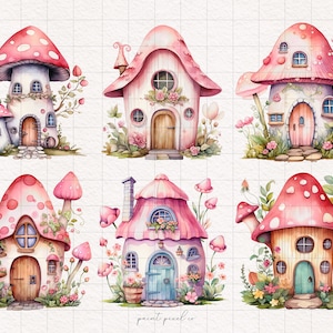 Illustration de conte de fées rose maison clipart fée champignon enchantée PNG Illustration de conte de fées rose Jardin rose fée champignon indésirable éléments de journal DTF