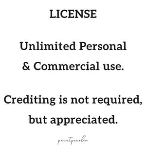 May include: A black and white graphic with the word "LICENSE" at the top. The text below reads "Unlimited Personal & Commercial use. Crediting is not required, but appreciated."