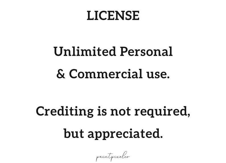 May include: A black and white graphic with the word "LICENSE" at the top. The text below reads "Unlimited Personal & Commercial use. Crediting is not required, but appreciated."