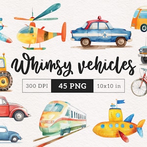 Whimsy Vehicles Clipart PNG Watercolor Firetrucks cars bus train clip art Sublimation Emergency vehicles graphics for boys Cute tractor