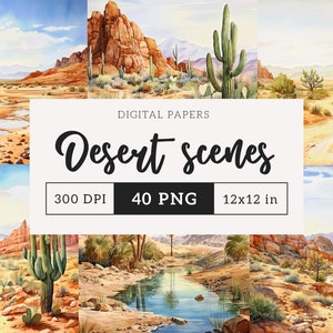 Aquarell Wüste Digitales Papier Set PNG Westsahara Hintergrund Sonnige Sand Kaktus Grafik Hintergrund Junk Journal Scrapbooking 12x12 Papier