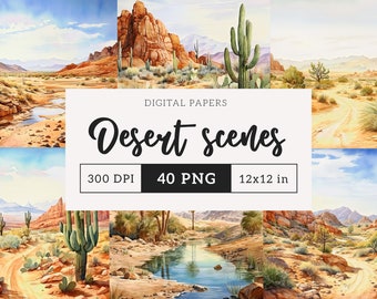 Watercolor Desert Digital Paper Set PNG Western Sahara backdrop Sunny sand cactus graphics background Junk Journal Scrapbooking 12x12 paper