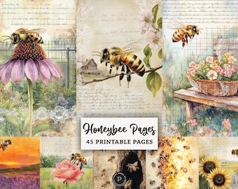 Honey Bee Junk Journal Kit - Floral Bee Printable Vintage Ephemera - Bees Scrapbook Papers Digital Backgrounds JPG