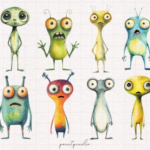 Puede incluir: Un conjunto de nueve ilustraciones de acuarela de extraterrestres de dibujos animados con diferentes expresiones y colores. Los extraterrestres est&aacute;n todos de pie sobre un fondo blanco.