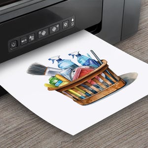 May include: A brown wicker basket filled with cleaning supplies, including spray bottles, brushes, and sponges. The basket is sitting on a white piece of paper that is being printed from a black printer.