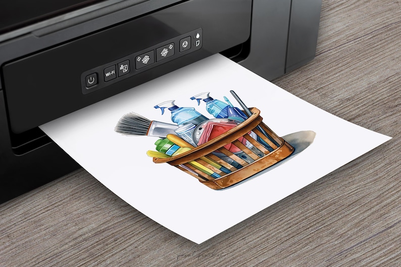 May include: A brown wicker basket filled with cleaning supplies, including spray bottles, brushes, and sponges. The basket is sitting on a white piece of paper that is being printed from a black printer.