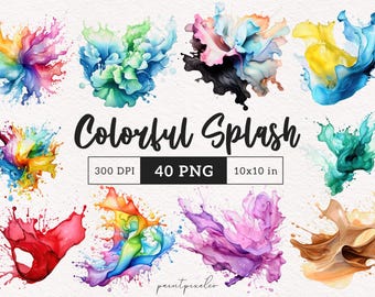 Colorful Watercolor Splash Clipart Alcohol ink splash PNG Paint blotch Splatter PNG Vibrant Abstract Paper Craft Card making Commercial use