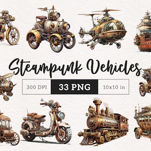 Steampunk Vehículos Clipart Distopía transporte Steampunk PNG Retro Gráficos futuristas ciencia ficción Junk Journal Victoriano Altered DTF Scrapbooking
