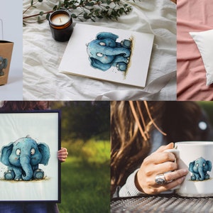 May include: A set of blue and white illustrated elephant designs on various products, including a mug, pillow, tote bag, and framed print. The elephant has a worried expression and is sitting down.