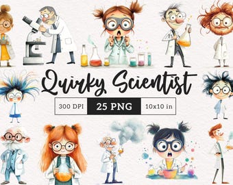 May include: A set of 25 digital illustrations of quirky scientists in various poses, wearing lab coats and goggles, and holding beakers, flasks, and other scientific equipment. The illustrations are in a watercolor style and feature bright colors and whimsical details. The text "Quirky Scientist" is included in the image.