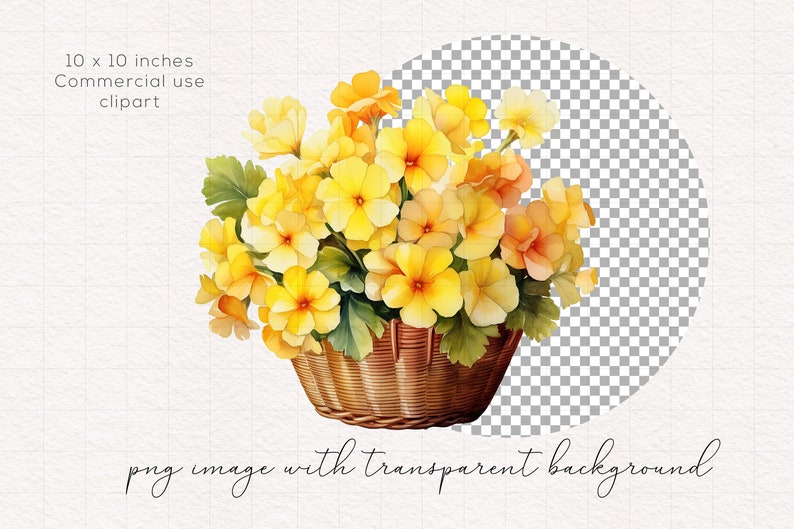 Op de afbeelding: Een aquarel van een boeket gele en oranje bloemen in een rieten mand. De bloemen zijn in een losse, natuurlijke stijl gerangschikt en de mand staat op een witte achtergrond.