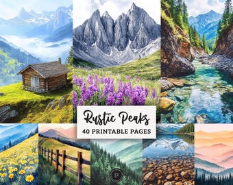 Mountains Digital Papers - Watercolor hills Peaks Junk Journal Printable - Woodland Scrapbooking Kit Scenic Ephemera Digital Background