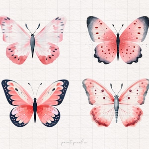 4 papillons roses PNG aquarelle cliparts insectes fantaisistes sublimation joli papillon rose Boho fantaisie graphique illustration DTF