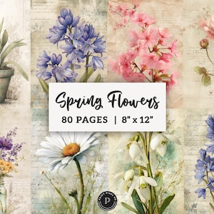 Può includere: Un collage di illustrazioni floreali ad acquerello, tra cui un tulipano in vaso, campanule, fiori rosa e una margherita. Il testo "Spring Flowers" è visualizzato sopra le dimensioni di 20 cm x 30 cm e 80 pagine.