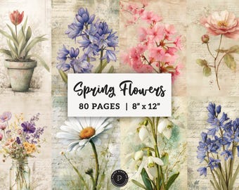 Flowers Junk Journal Papers - Shabby Spring elements Printable - Summer Scrapbook Ephemera Spring Digital Backgrounds JPG