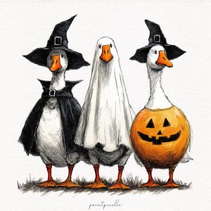 May include: Illustration of three geese dressed in Halloween costumes. One goose wears a witch hat and cape, another is in a ghost costume, and the third is in a jack-o'-lantern costume. The artwork is in black, white, and orange.