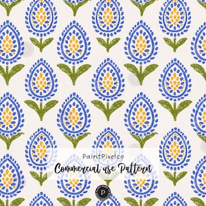 Puede incluir: Un patrón repetitivo que presenta formas florales estilizadas en azul y amarillo con tallos y hojas verdes sobre un fondo crema. El texto PaintPixelco Commercial use Pattern está centrado sobre el diseño con un pequeño logotipo circular debajo.