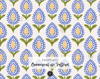 Seamless Pattern Rustic Indian Inspired Blue and Yellow Floral Pattern Digital Paper Background (Commercial Use) (Digital Download)