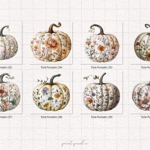 Peut inclure: Illustrations &agrave; l'aquarelle de huit citrouilles orn&eacute;es de motifs floraux. Les citrouilles pr&eacute;sentent des fleurs aux tons orange, rose et violet. Chaque citrouille est &eacute;tiquet&eacute;e "Toile Pumpkin" avec un num&eacute;ro.