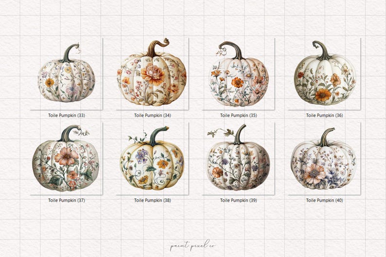 Peut inclure: Illustrations &agrave; l'aquarelle de huit citrouilles orn&eacute;es de motifs floraux. Les citrouilles pr&eacute;sentent des fleurs aux tons orange, rose et violet. Chaque citrouille est &eacute;tiquet&eacute;e "Toile Pumpkin" avec un num&eacute;ro.