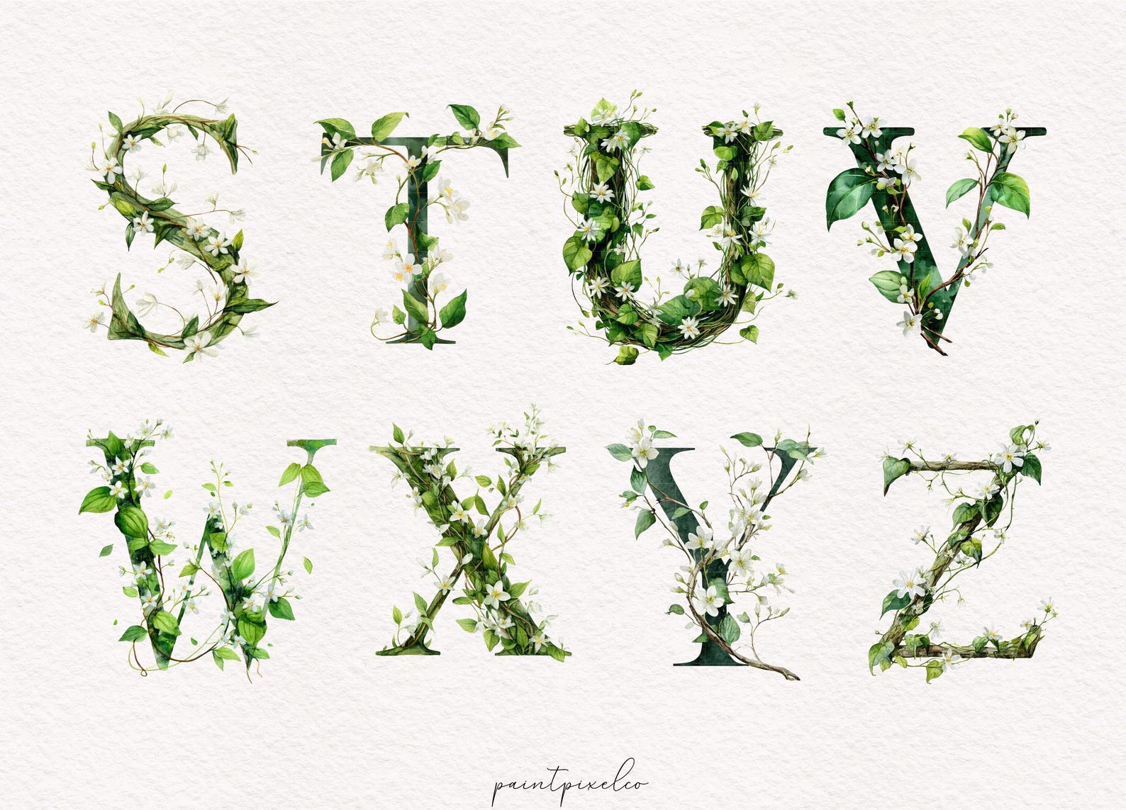 Foliage Alphabet Clipart Botanical Alphabets Boho Watercolor Leaf ...