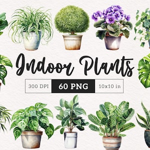 May include: A collection of 10 watercolour illustrations of indoor plants in pots. The plants include a fiddle leaf fig, a monstera, a snake plant, a peace lily, a spider plant, a pothos, a ZZ plant, a rubber plant, a philodendron, and a prayer plant. The illustrations are in a realistic style and are perfect for use in digital or printed projects.
