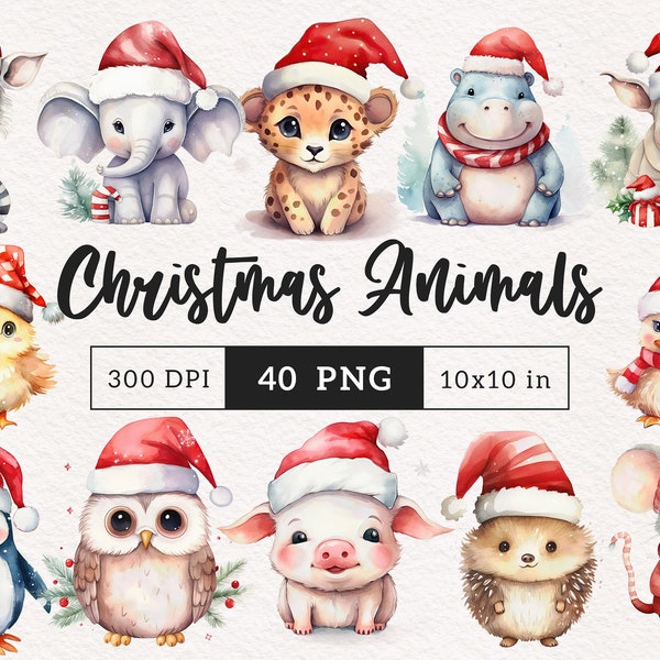 Christmas animal PNG Holiday animals Santa hat clipart Safari woodland clip art Sublimation scrapbook Digital paper crafting Commercial use