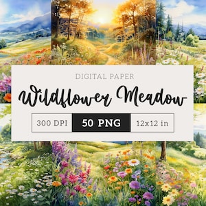 Wildflower Meadow Digital Paper Set PNG Spring Summer floral landscape backdrop graphics background Junk Journal Scrapbooking 12x12 paper